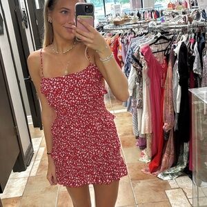 OLIVACEOUS Red Floral Smocked Mini Dress – Size S